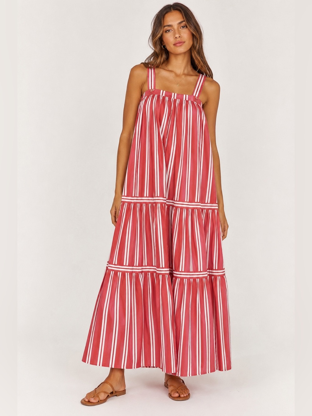 Elan Red & White Striped Tiered Maxi Dress